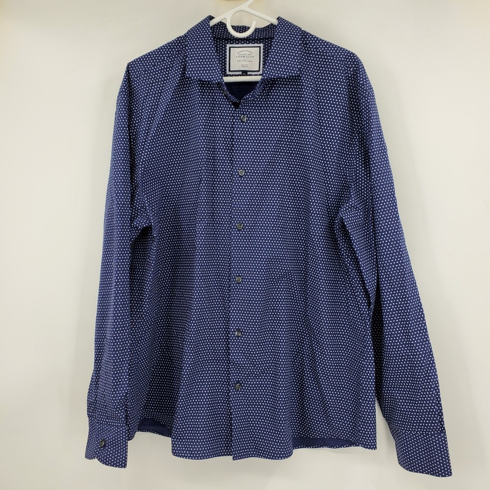 Charles Tyrwhitt Slim Fit Non Iron Button Dress Shirt Navy Paisley Print XXL